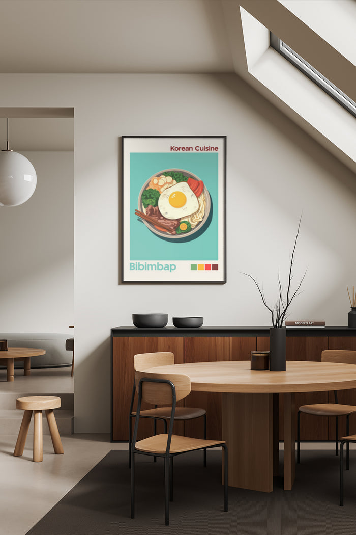 Korean cuisine Bibimbap poster displayed in a modern dining room interior