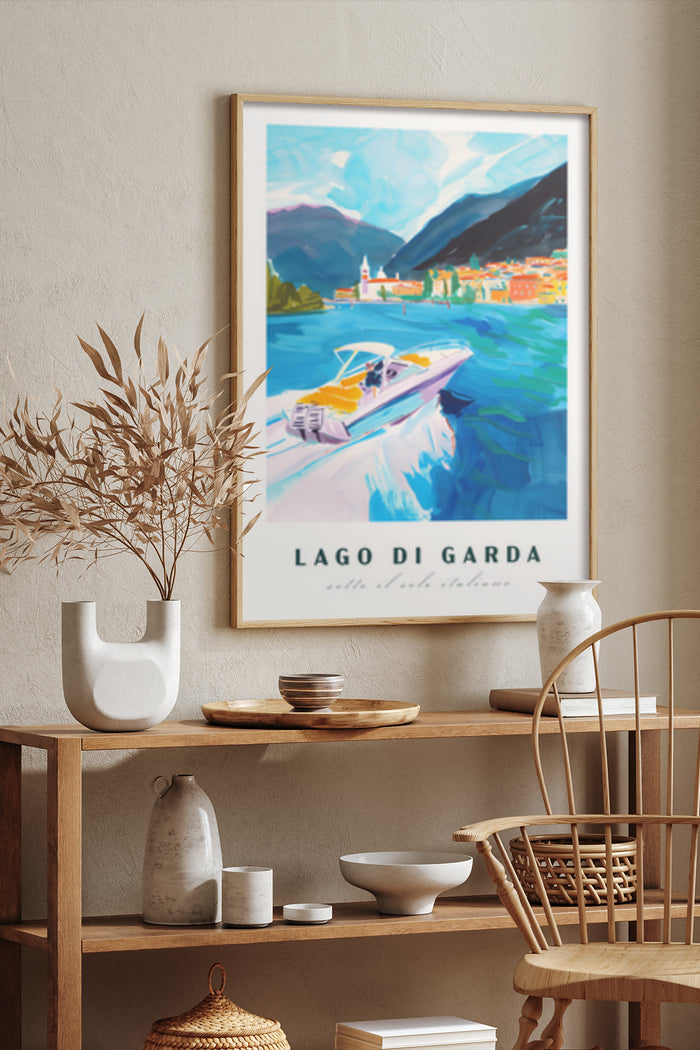 Stylized vintage travel poster of Lago di Garda with vibrant colors, speedboat, and picturesque landscape