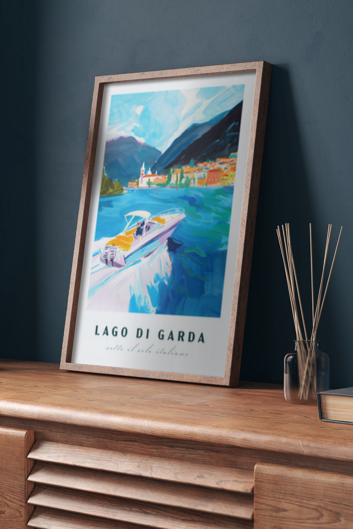 Vintage Lago di Garda Travel Poster with Speedboat and Scenic Mountain View
