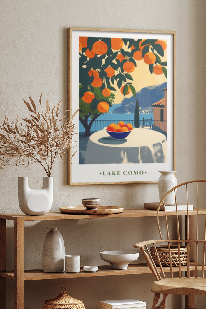 Vintage travel poster for Lake Como featuring an orange tree and picturesque lake view