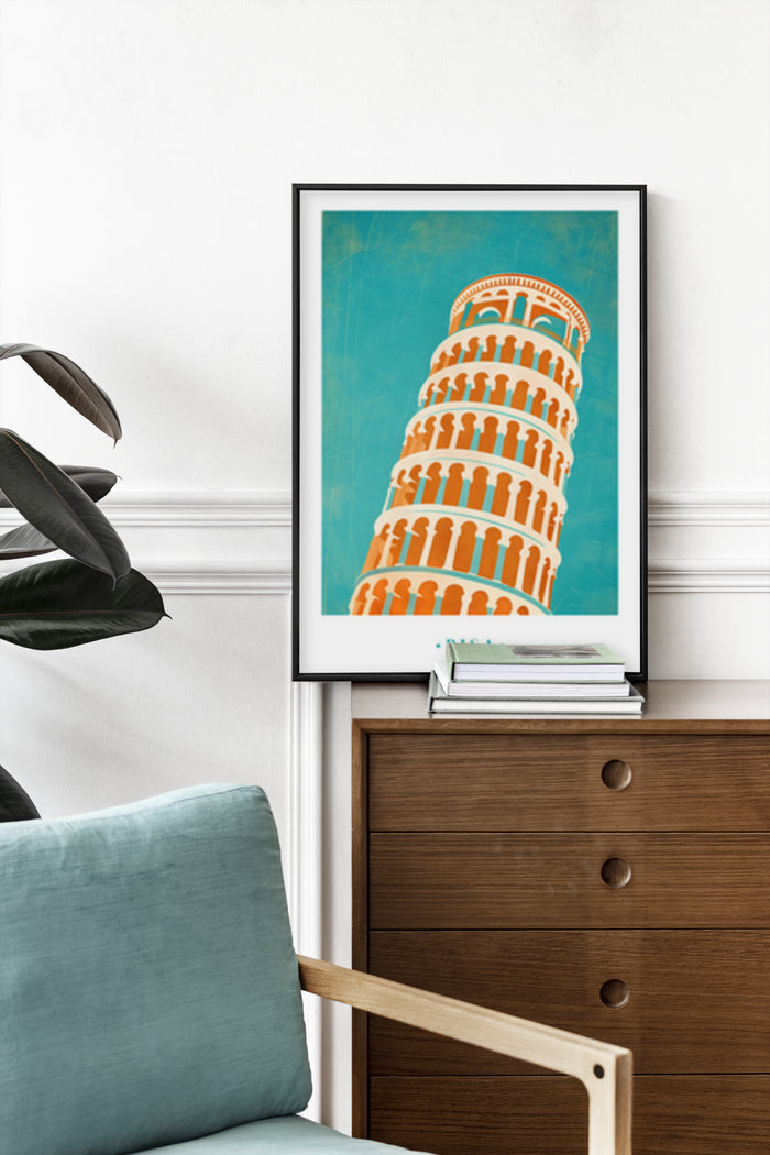 Stylized Leaning Tower of Pisa artwork poster framed on wall above wooden sideboard with plant