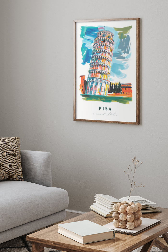Vintage travel poster featuring the Leaning Tower of Pisa in vibrant colors displayed in a modern living room