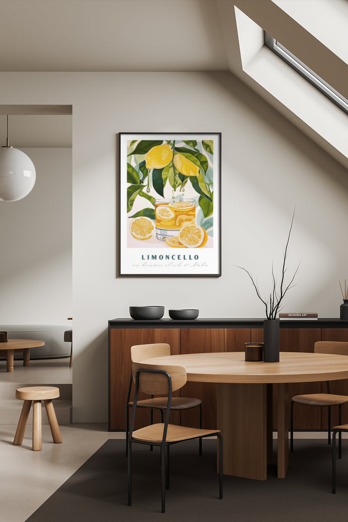 Limoncello lemon liqueur poster in a modern kitchen interior