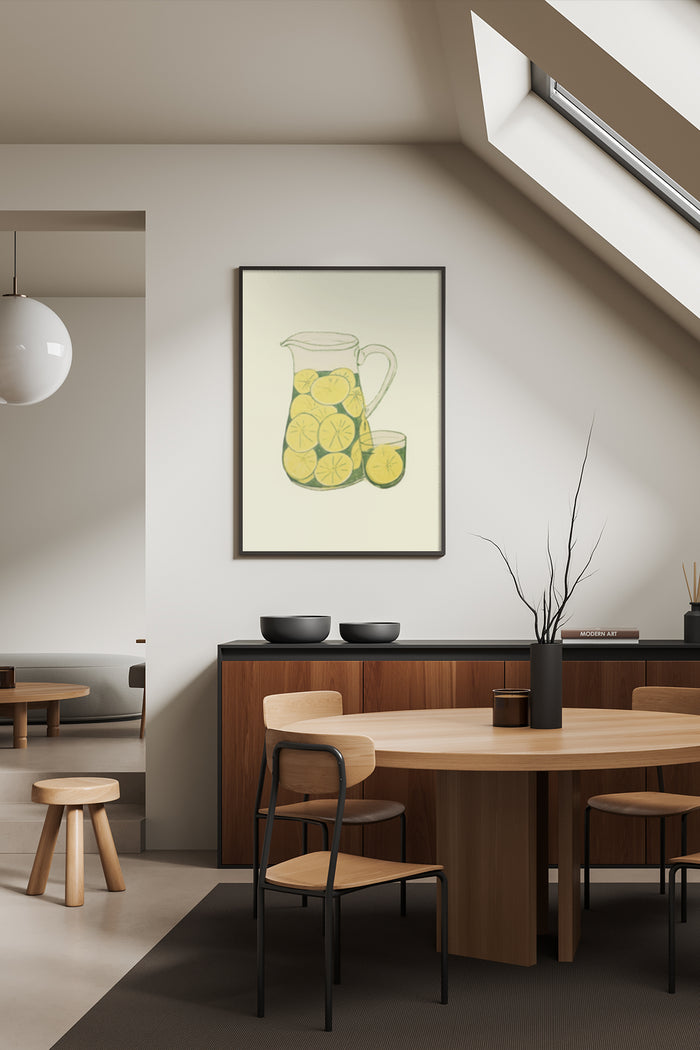 Contemporary lemon pitcher painting in a modern dining room setting