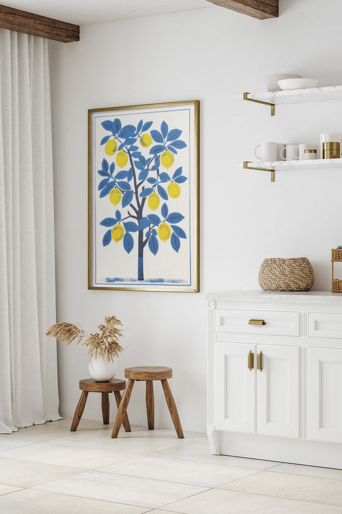 Framed poster of lemon tree artwork displayed in a contemporary home decor setting