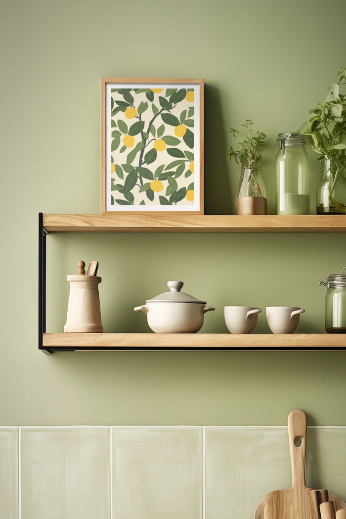 Scandinavian kitchen interior with lemon tree poster, wooden shelf with ceramics and plants