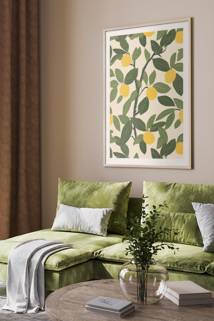 Contemporary lemon tree art poster displayed in a cozy interior with green velvet sofa