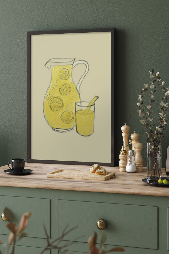 Yellow lemonade pitcher and glass illustration poster in a modern kitchen
