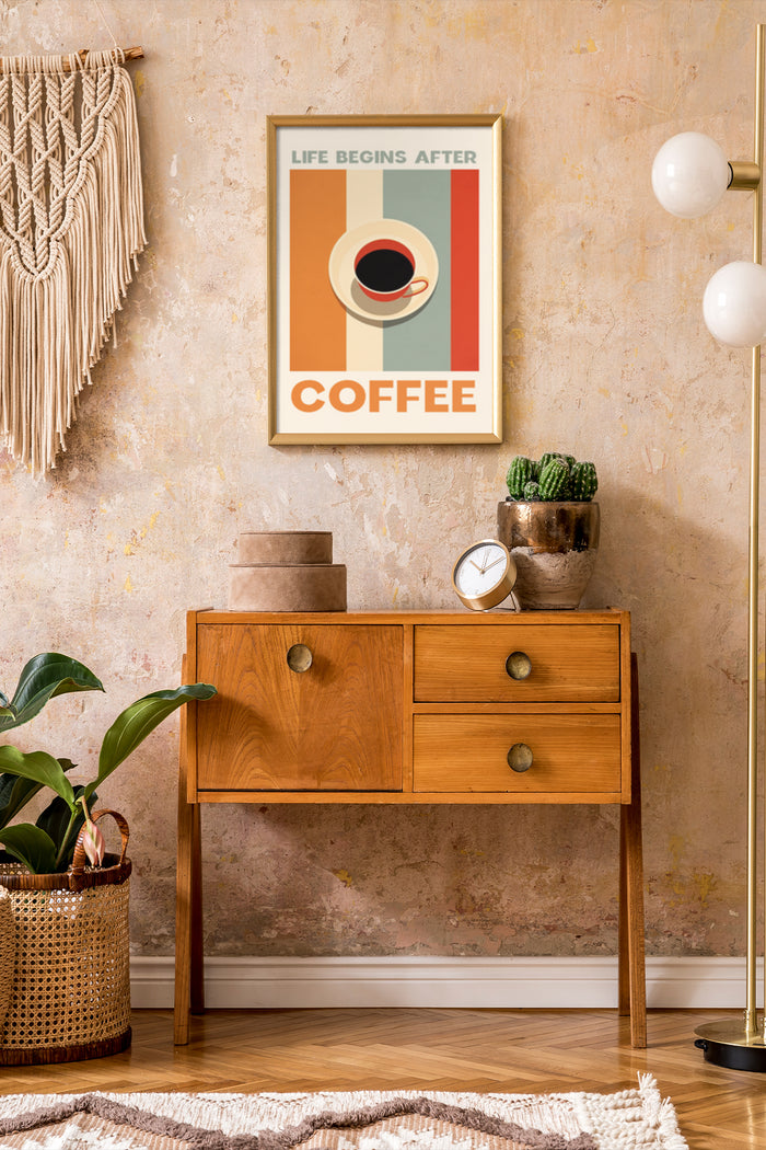Stylish interior with Life Begins After Coffee poster framed on the wall above wooden sideboard