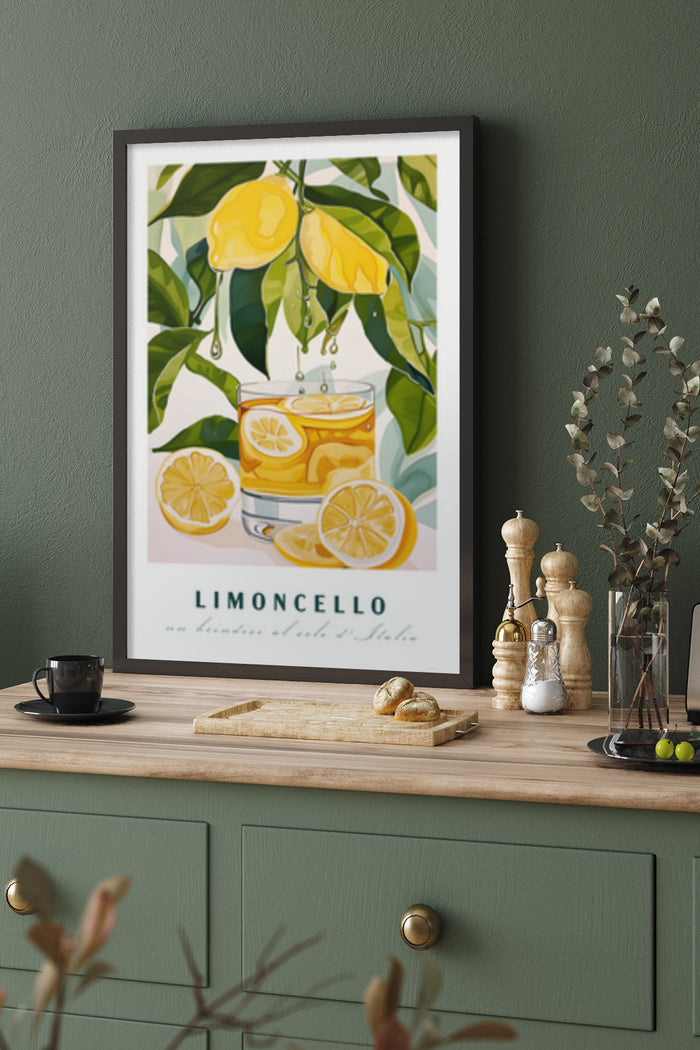 Stylized Limoncello poster artwork with fresh lemon illustrations and glass of Limoncello