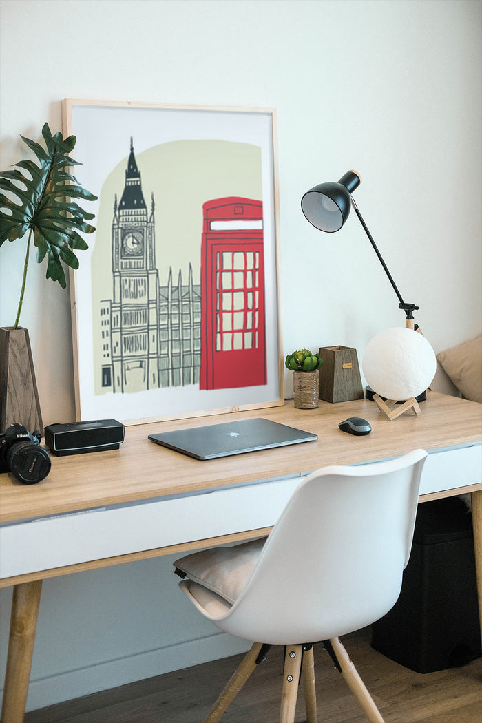 London themed artwork featuring Big Ben and a classic red telephone box in a stylish home office