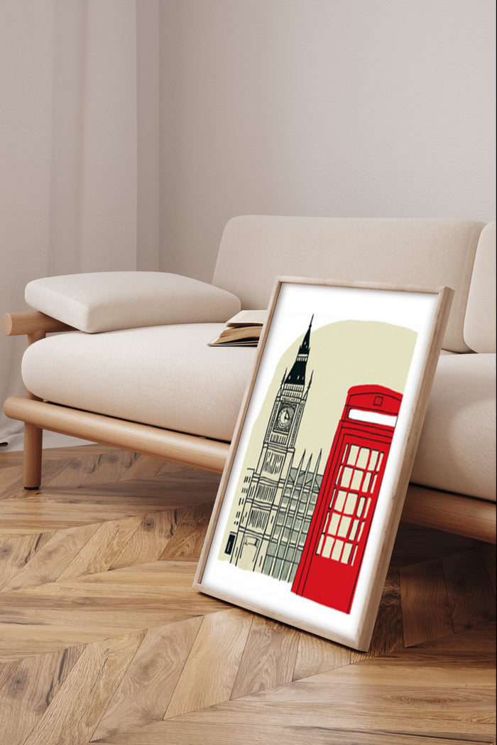Stylized London Big Ben and red telephone box artwork in modern living room setting