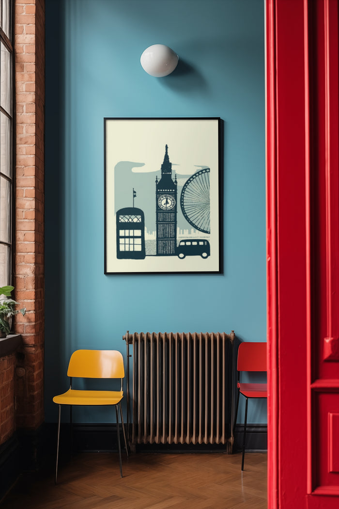 Minimalist poster of London landmarks including Big Ben and London Eye in stylish interior setting