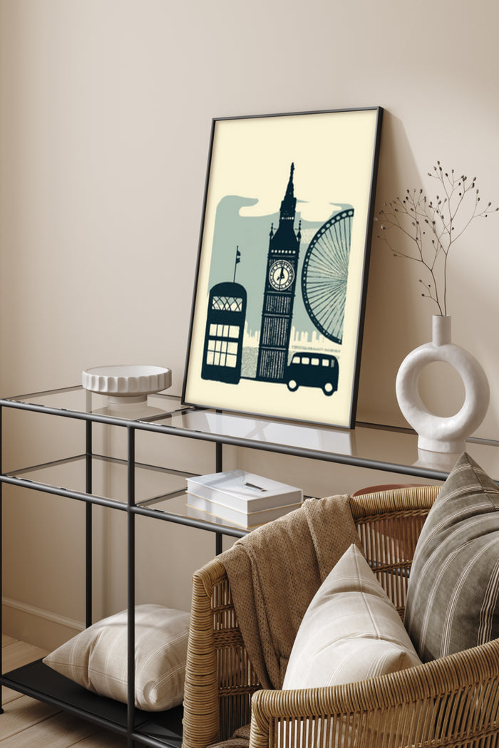 Minimalist London landmarks illustration poster in home interior setting