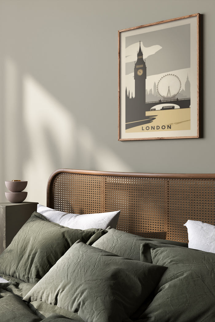 Stylish London travel poster with Big Ben and London Eye in a cozy bedroom setting
