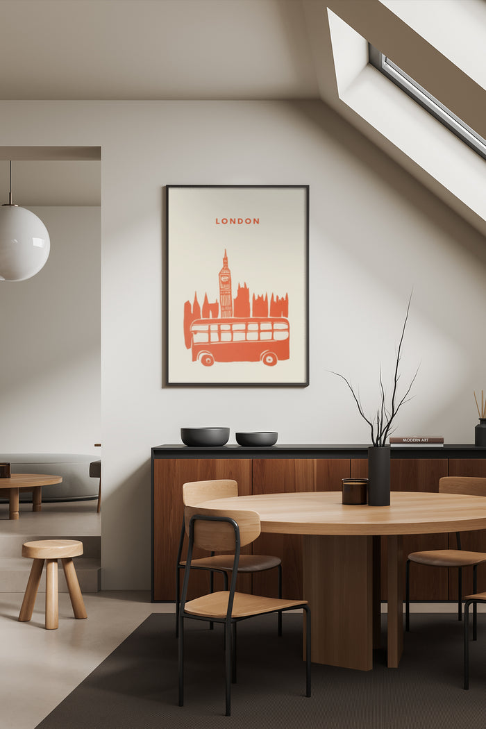 Minimalist London travel poster featuring Big Ben and a red double-decker bus as wall art in a modern interior