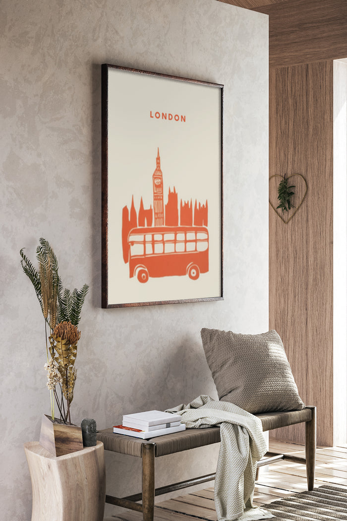 Vintage London Travel Poster with Iconic Red Bus and Big Ben Artwork in Modern Interior