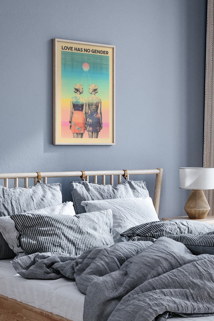 Love Has No Gender equality poster with two figures on bedroom wall