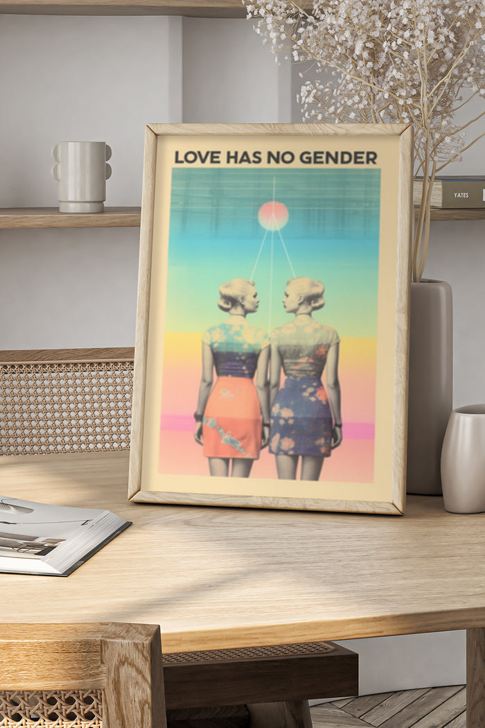 Inspirational poster art stating 'Love Has No Gender' with two individuals standing back-to-back with a rainbow overlay
