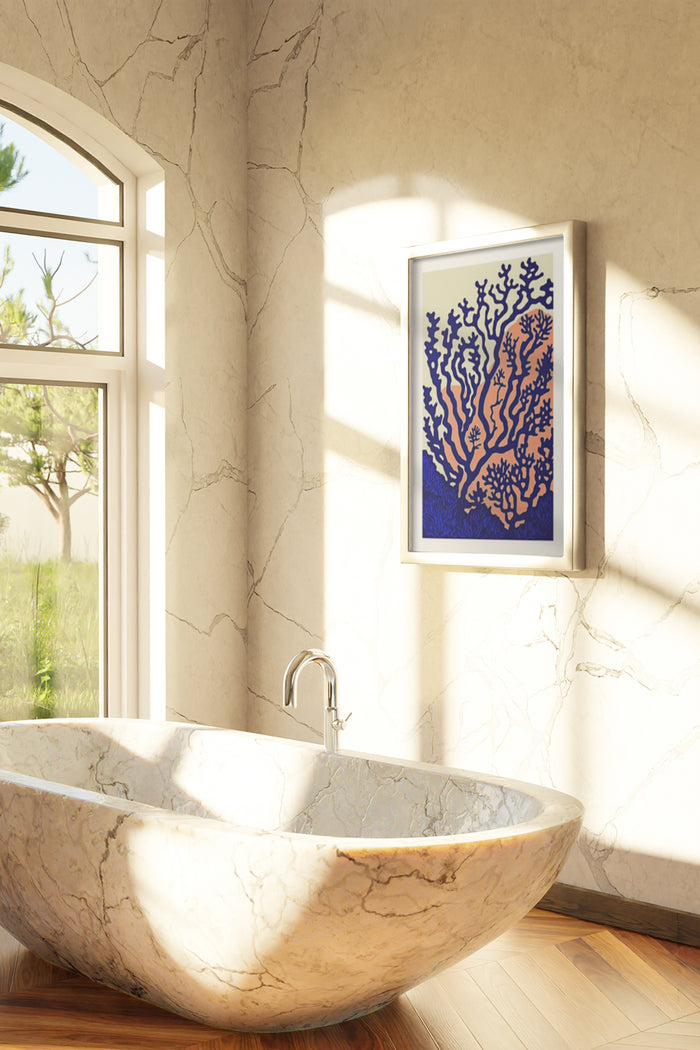 Elegant marble bathroom with sunlight and coral-inspired blue and orange art piece on wall