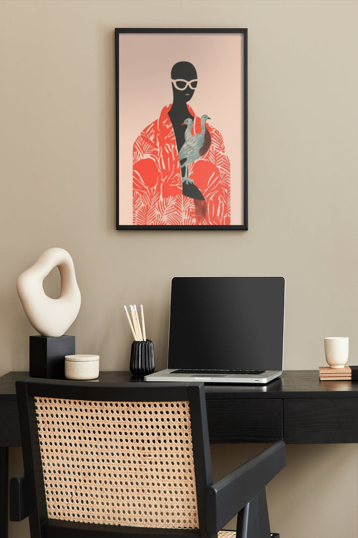Modern artwork poster of a stylized man in red floral shirt with sunglasses holding a stork, office decor