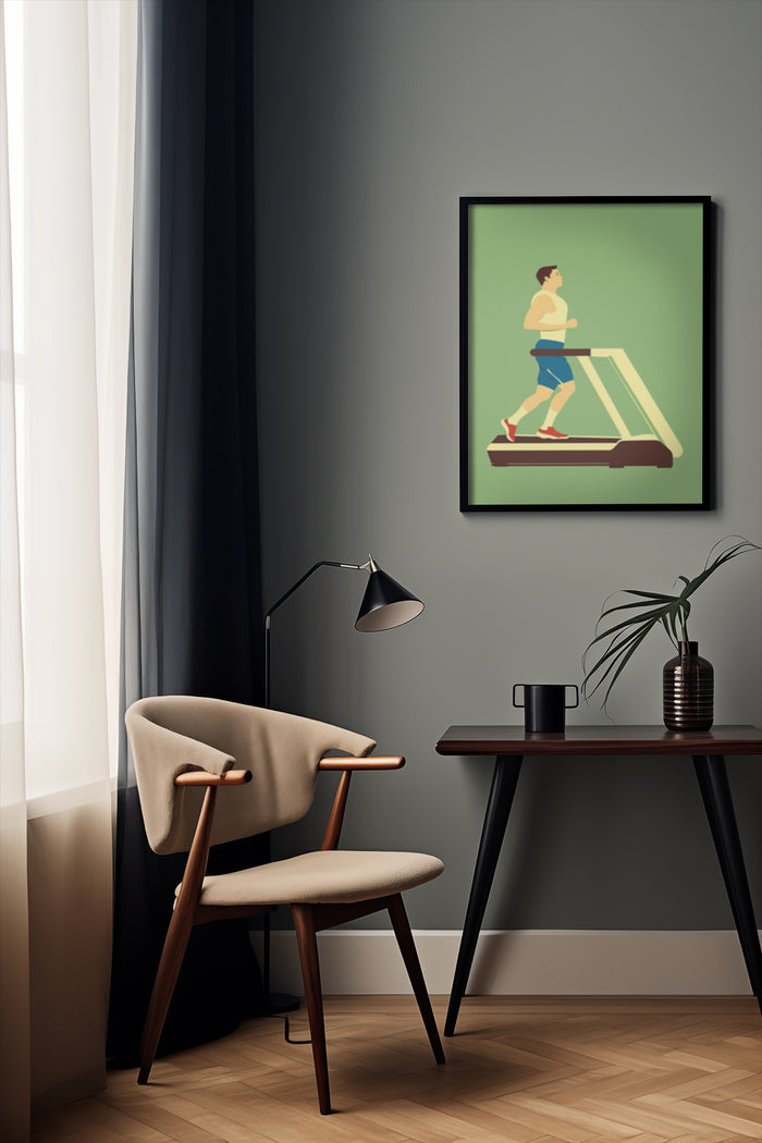 Stylish interior design with a poster of a man running on a treadmill