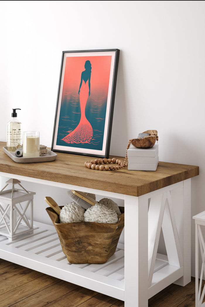 Elegant mermaid silhouette against a sunset background poster in a modern interior setting