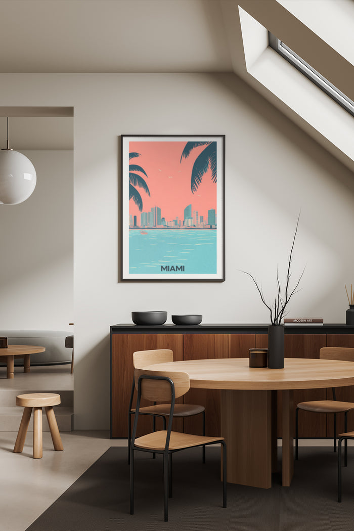 Minimalist Miami Travel Poster in Modern Home Interior