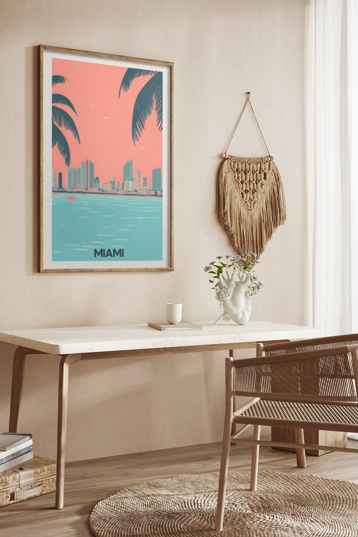 Framed vintage-style travel poster of Miami with palm trees and skyline in a stylish home decor setting