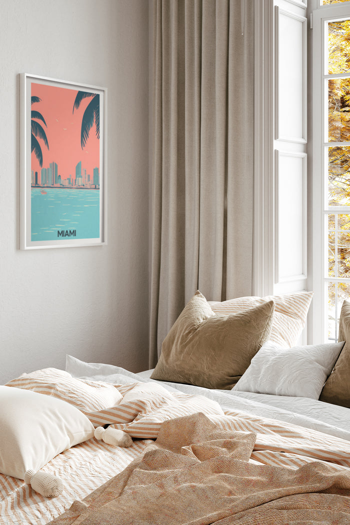 Vintage style Miami travel poster framed in a cozy bedroom interior