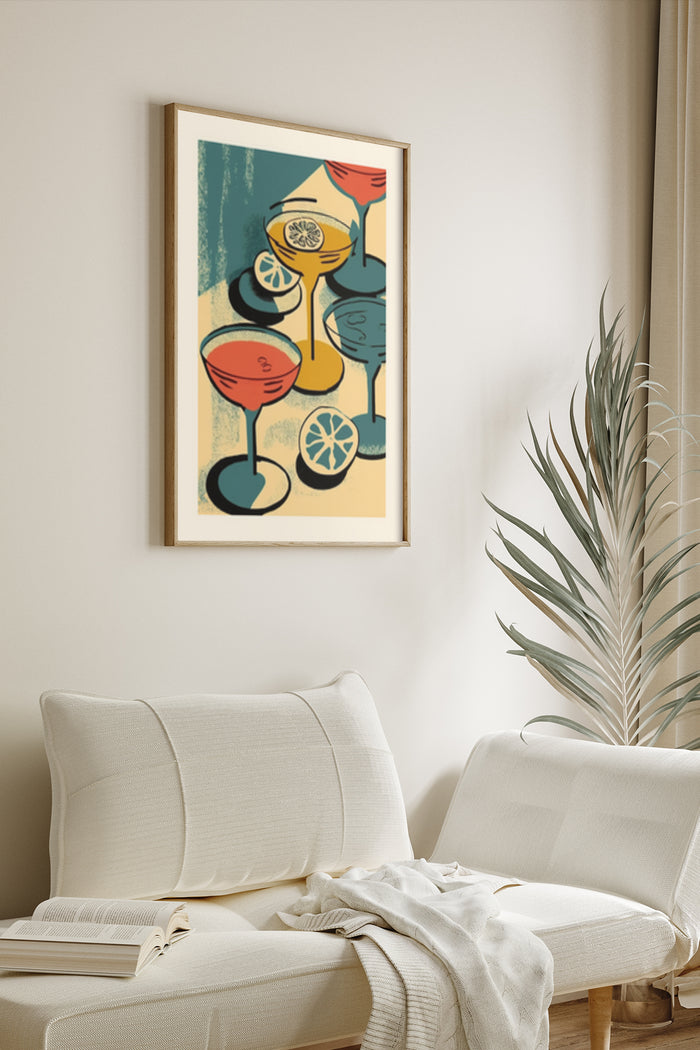 Mid-century modern style cocktail poster artwork displayed in a home interior