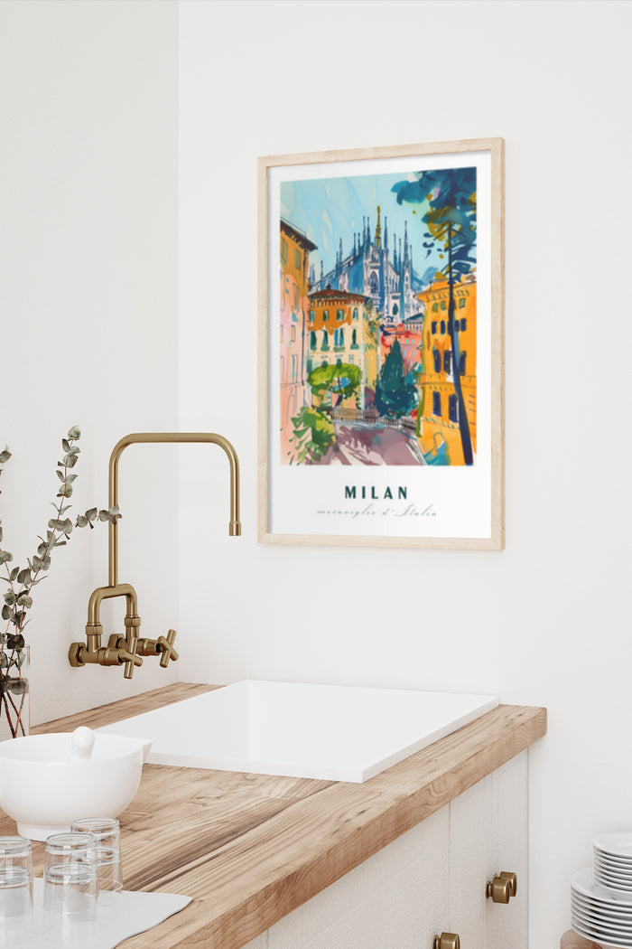Milan city vibrant art poster featuring colorful illustration of urban landscape and architecture