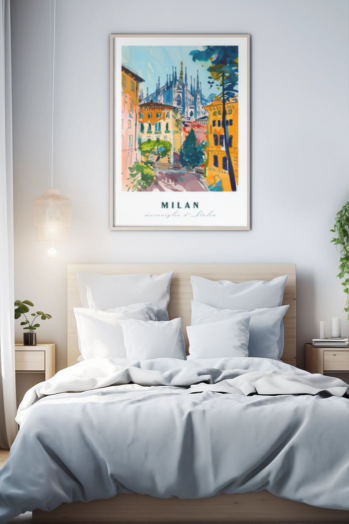 Colorful Milan Travel Poster Artwork in Bedroom Setting