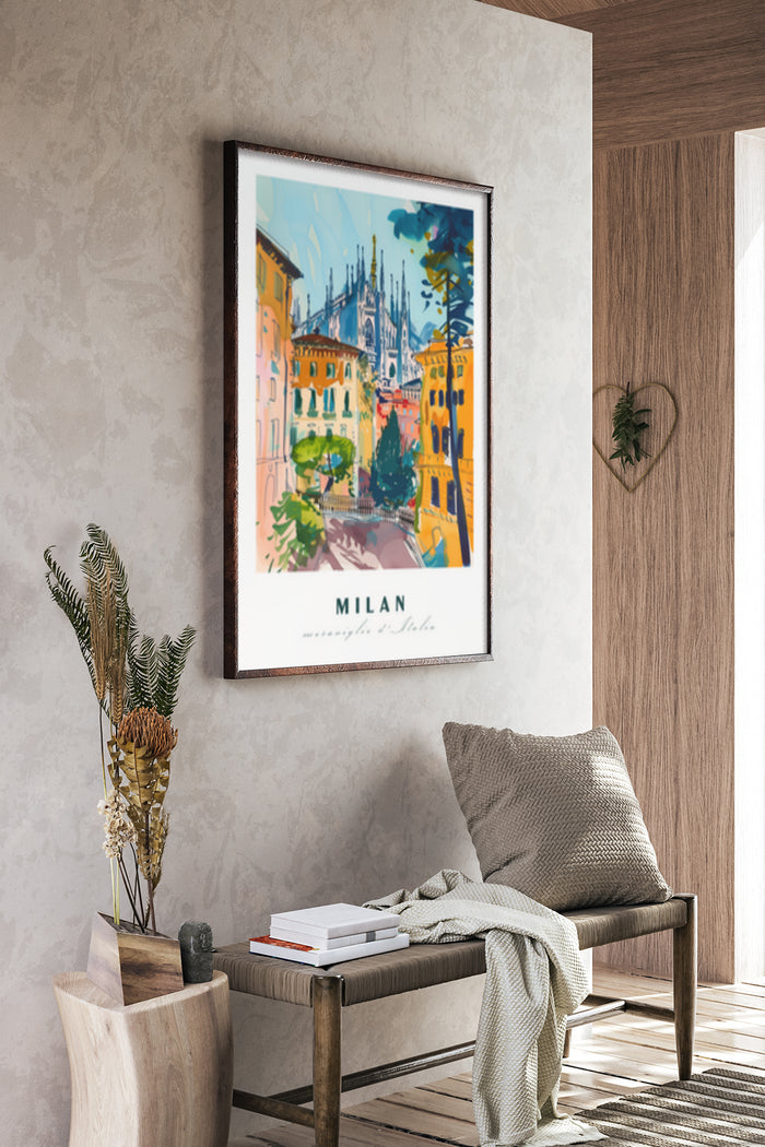 Vibrant Milan travel poster art displayed in a cozy modern room setting