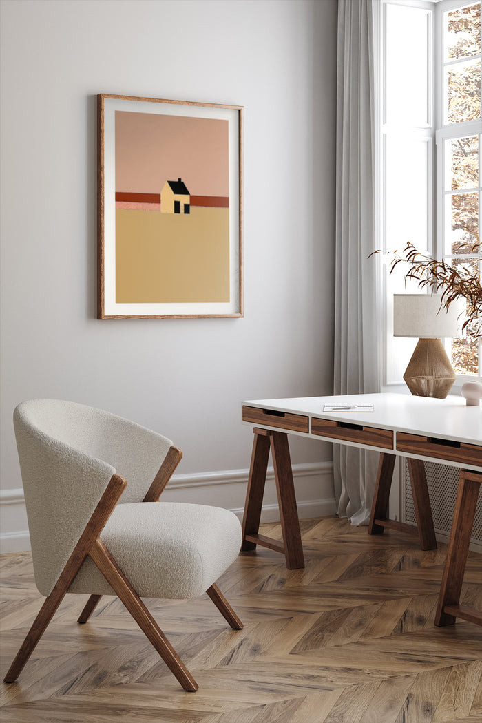 Modern minimalist abstract desert house artwork in a frame displayed in a stylish interior setting