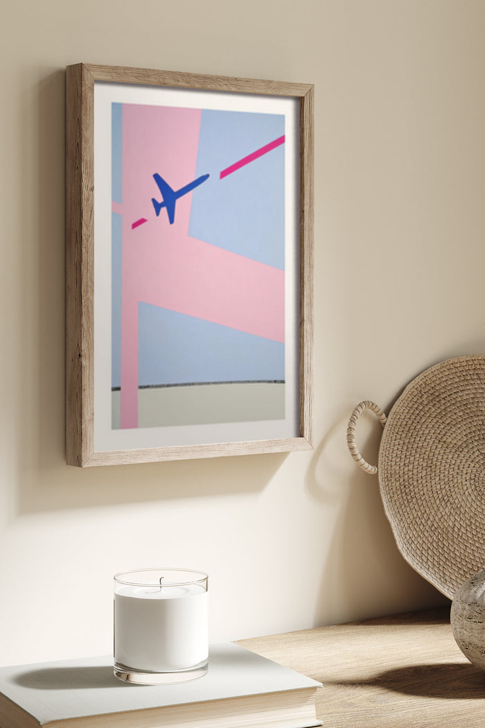 Minimalist framed poster art of an airplane silhouette with colorful geometric background on wall