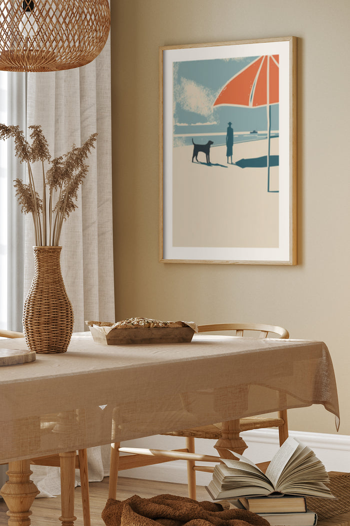 Minimalist beach scene artwork with dog, person under orange umbrella in a framed poster in cozy interior design