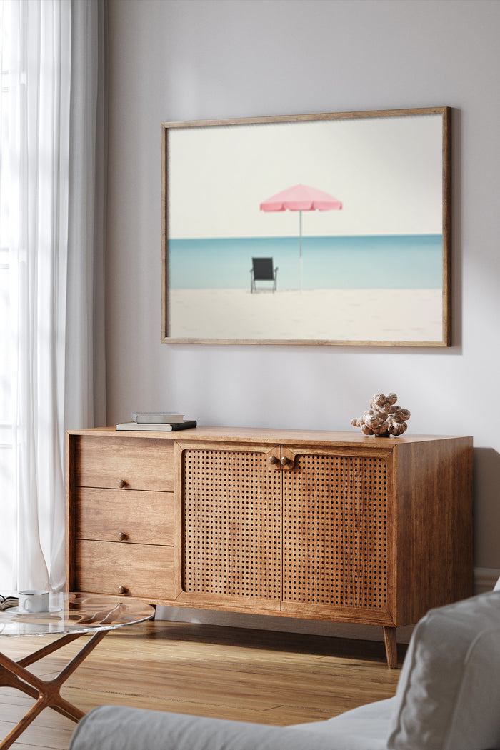 Stylish minimalist poster with pink beach umbrella and chair on sandy shore