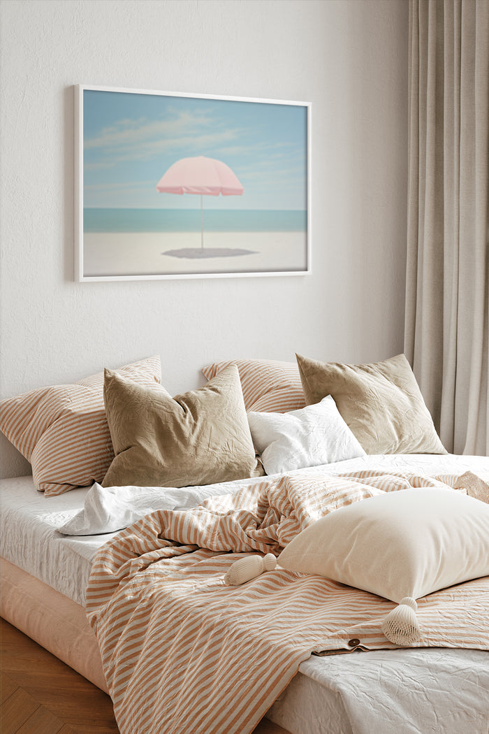 Minimalist beach umbrella artwork poster displayed above bed in modern bedroom interior