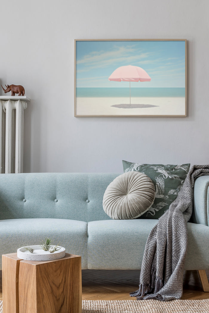 Minimalist beach umbrella poster in a modern living room setting