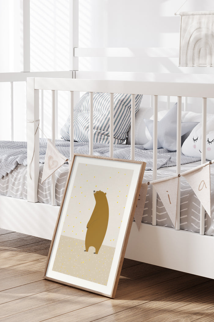 Minimalist bear poster framed in a stylish nursery room setting