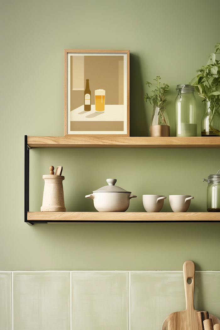 Minimalist beer and bottle framed poster on kitchen shelf with pottery and plants