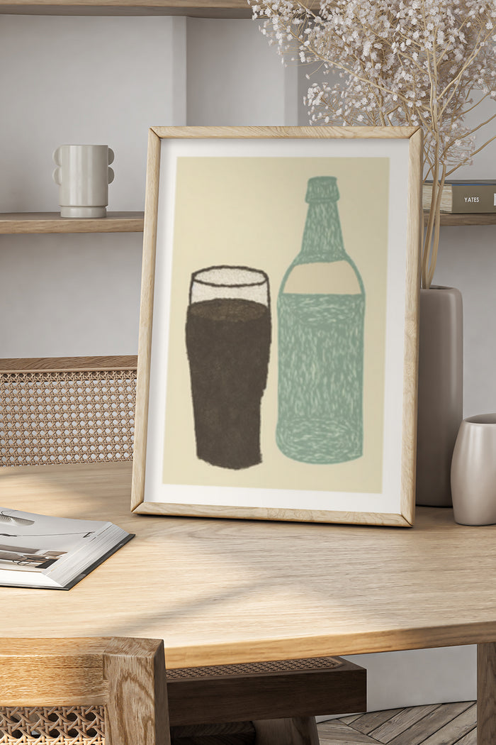 Minimalist artwork of a beverage bottle and glass in a stylish home setting