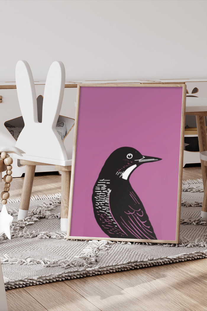 Minimalist black bird illustration on a bright pink background in a modern home decor setting
