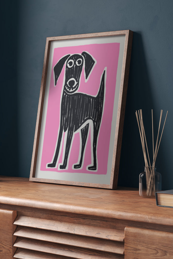Minimalist Black Dog Artwork Poster Displayed in a Wooden Frame