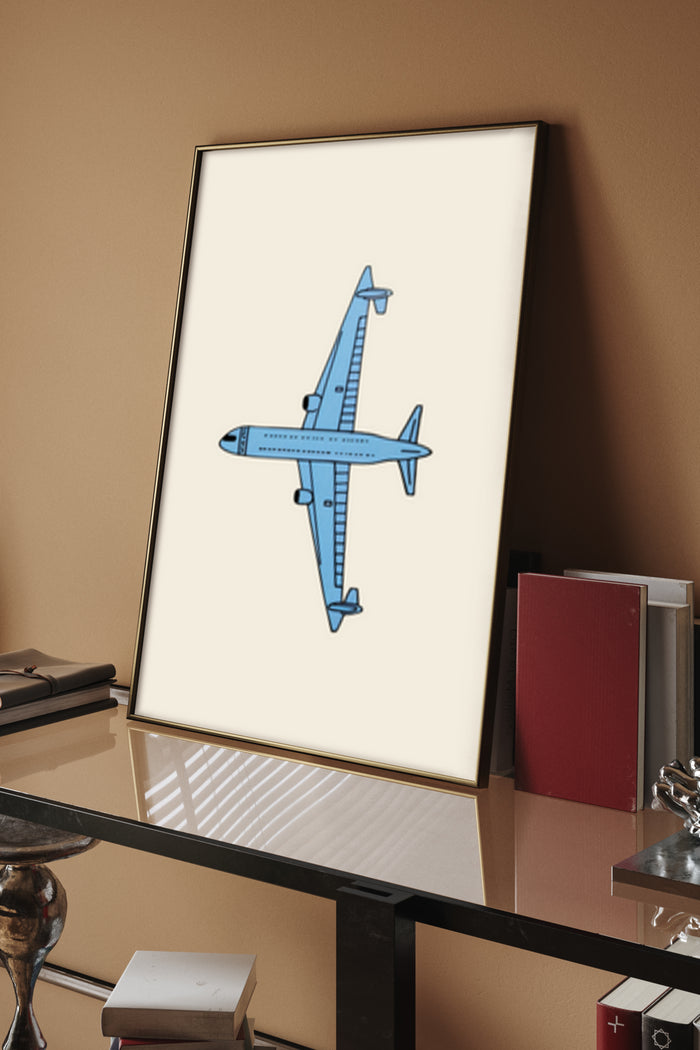Modern minimalist poster art featuring a blue airplane illustration in a sleek frame