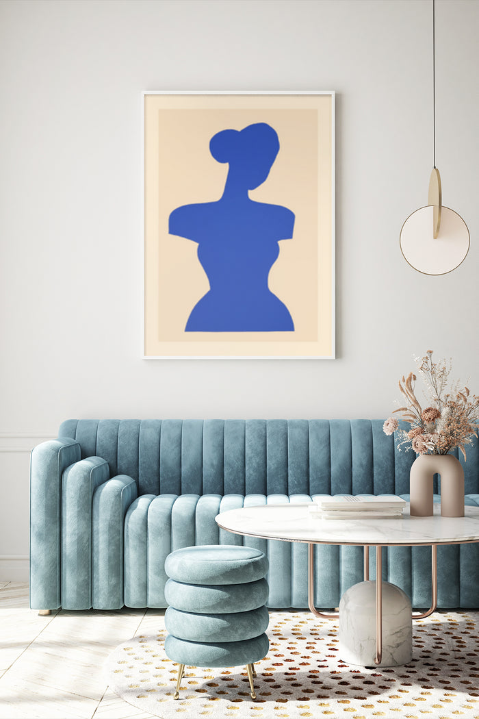 Minimalist Blue Silhouette Art Poster Displayed in Contemporary Living Room Interior