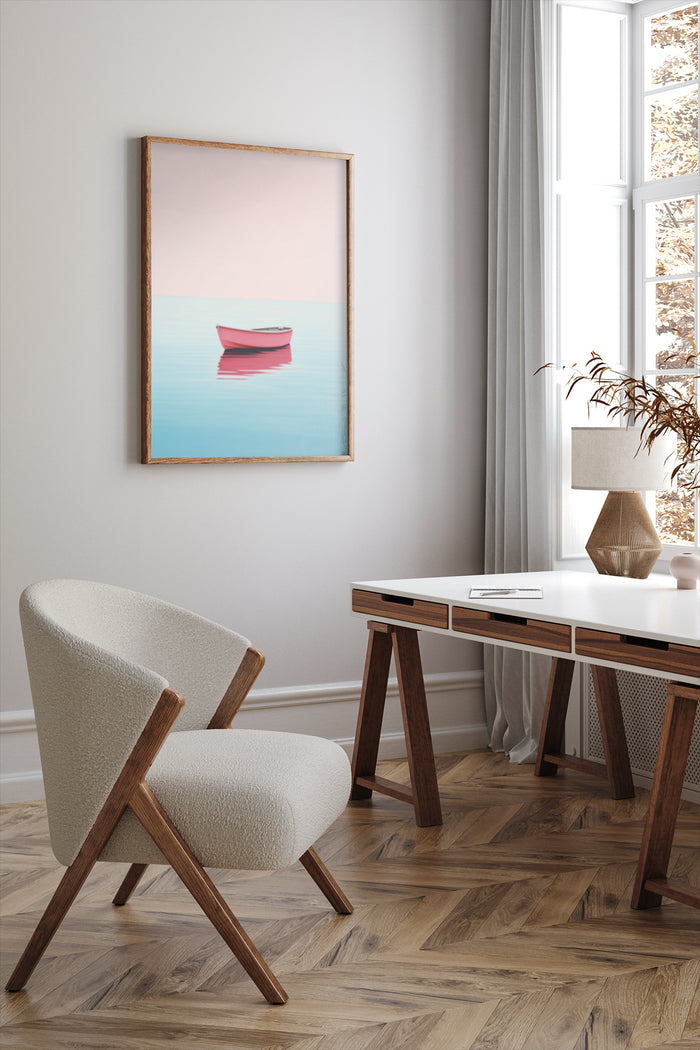 Minimalist pink boat in serene blue water poster framed in a modern interior setting