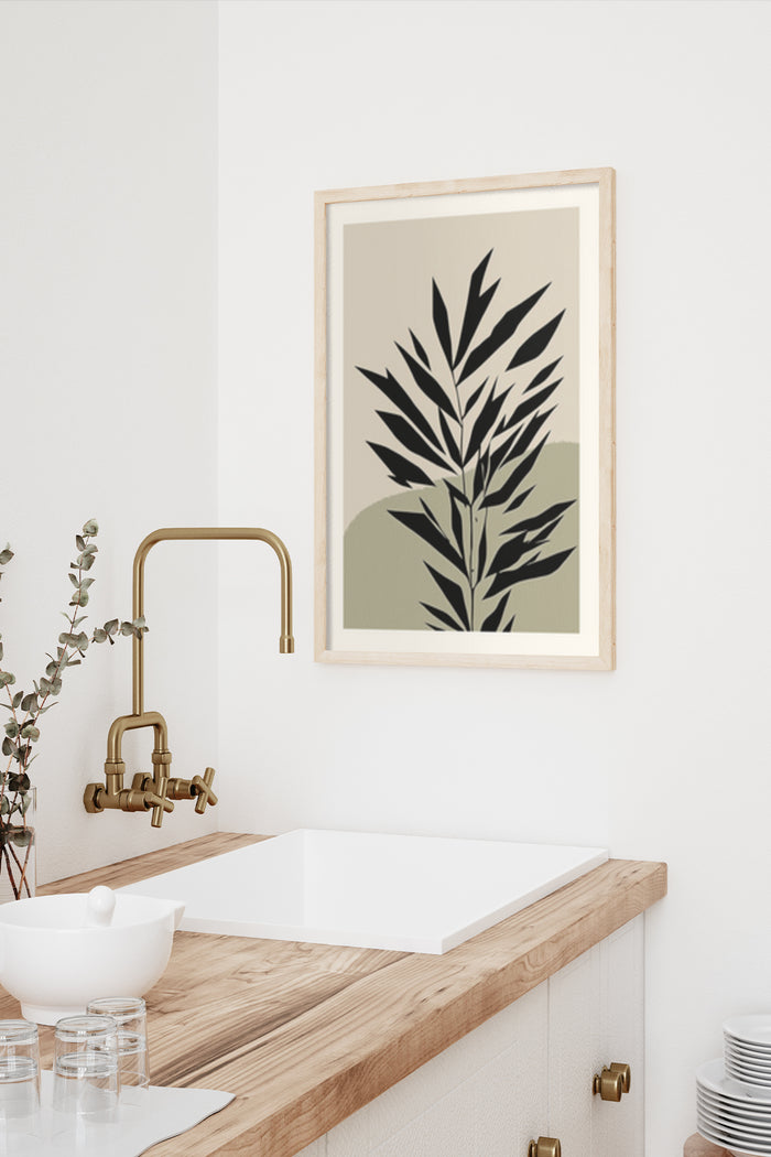 Minimalist botanical art poster framed on wall above wooden countertop in contemporary bathroom interior