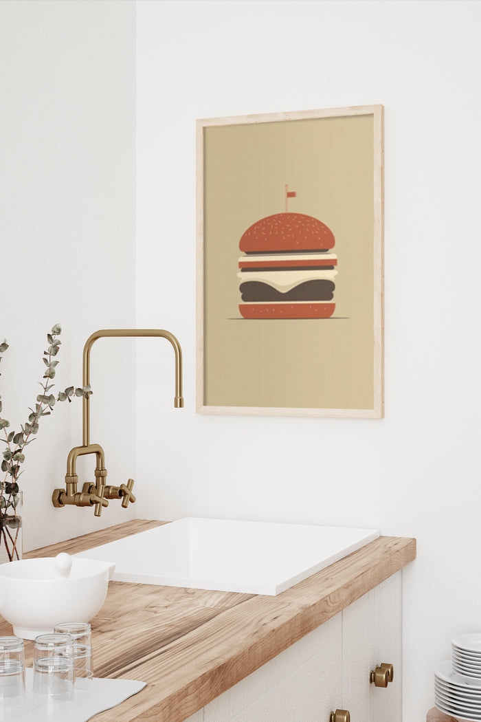 Minimalist burger art poster framed on a kitchen wall